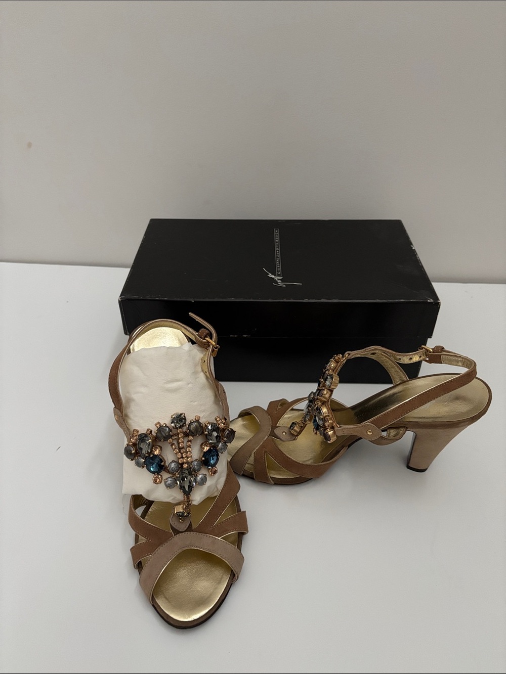 Embellished Brown Strappy Heels with Gem Accents